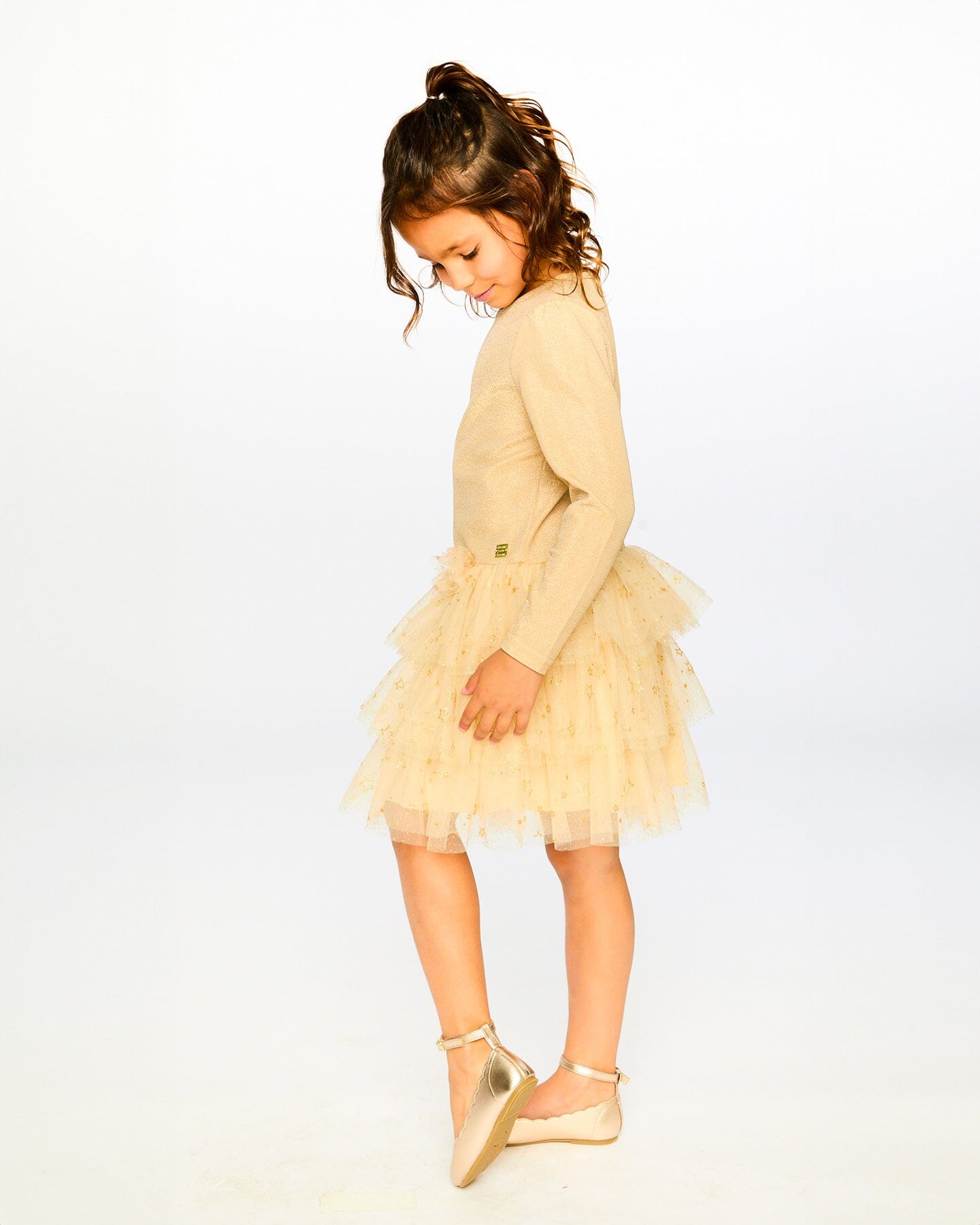 Glittering Mesh Skirt Party Dress Beige-1